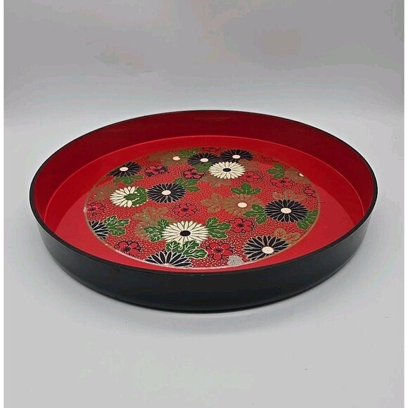 Vintage Round Red Lacquer Plastic Serving Tray Boho Flowers - Picture 4 of 11